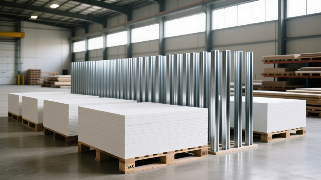 Pallets of Type X drywall and galvanized steel framing studs staged in a bright commercial building materials warehouse