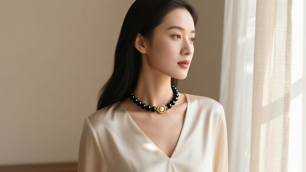 Side profile of a woman wearing a 16-inch black pearl choker with a 14k gold clasp and a V-neck silk blouse in soft window light.