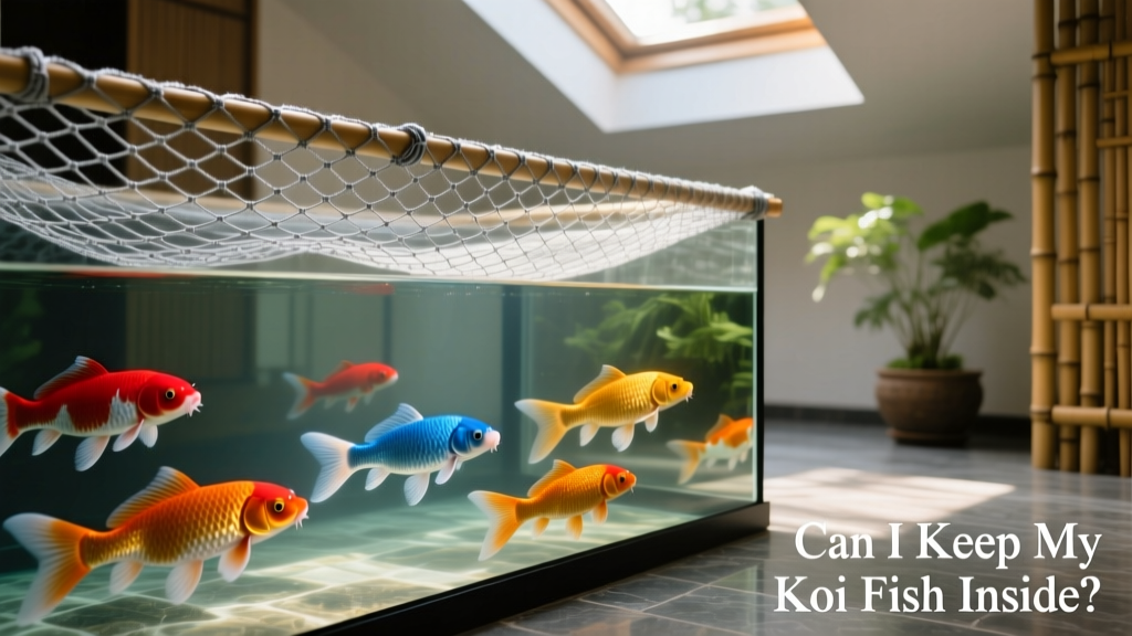 Close-up of a secure, nearly invisible mesh net covering the top of an indoor koi enclosure