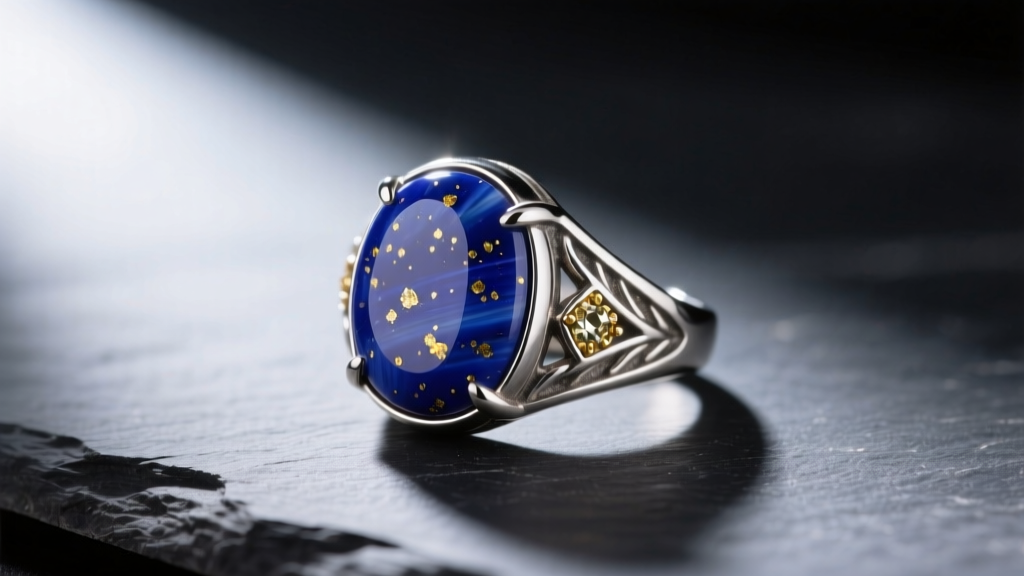 Polished lapis lazuli cabochon ring in oxidized sterling silver with golden pyrite flecks, resting on a dark slate surface.