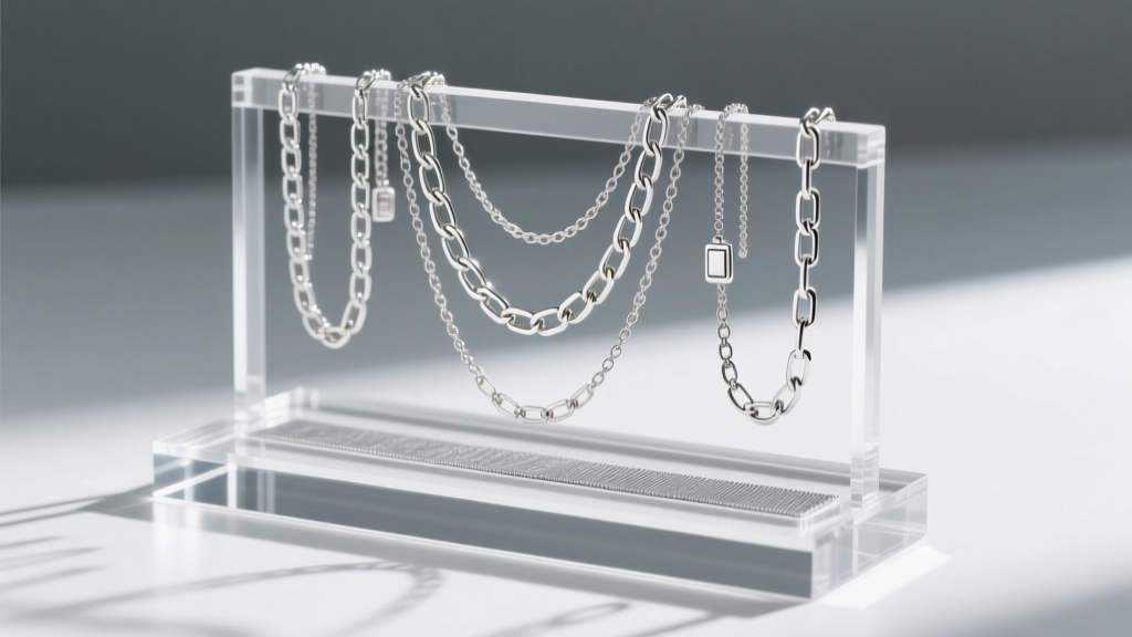 Acrylic necklace stand organizer holding silver box chains, with an anti-tarnish strip tucked discreetly inside the base