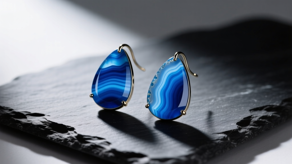 Close-up of vibrant blue agate drop earrings on dark slate, illuminated by soft directional light revealing natural stone banding.