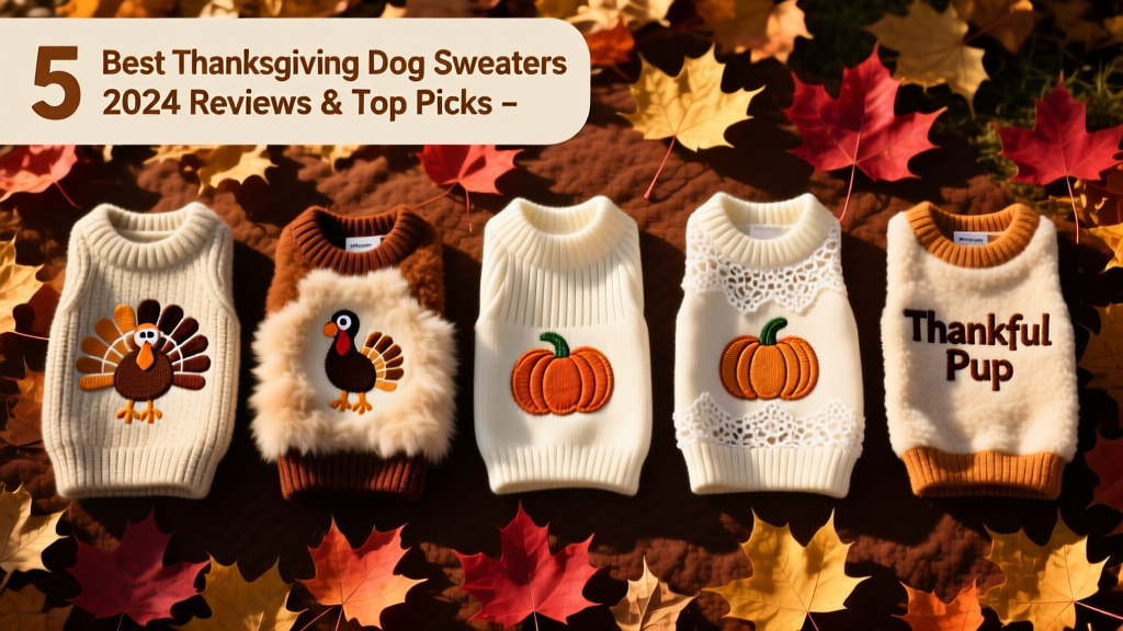 Side-by-side comparison of five FurPetVo Thanksgiving sweaters laid flat on a maple-leaf-covered surface, showing varied textures, colors, and embroidery details