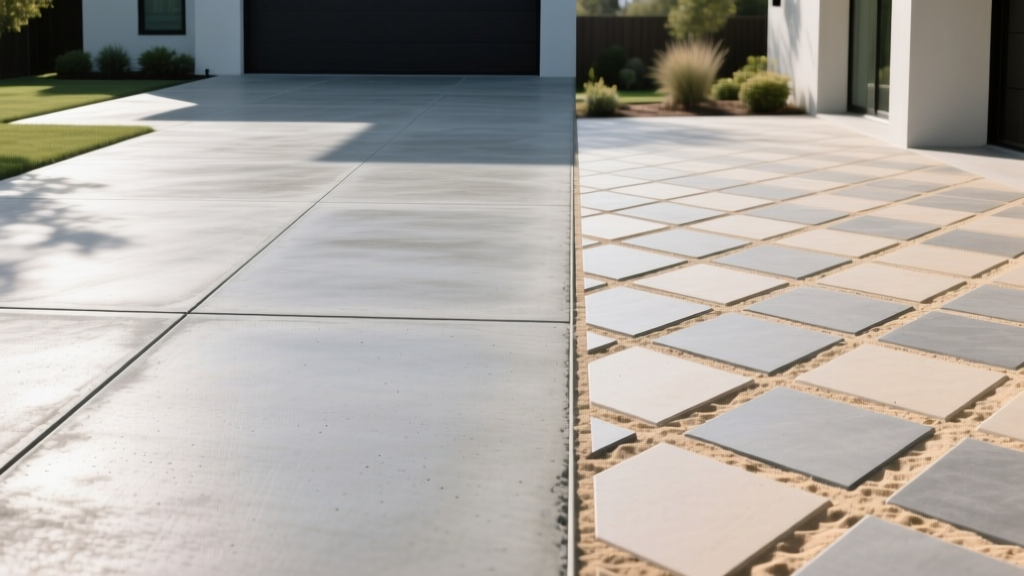 Split-view of a smooth broom-finished poured concrete driveway beside a herringbone concrete paver patio with sand joints