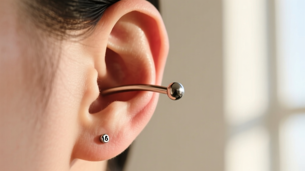 Close-up of a freshly pierced ear featuring a minimalist 16-gauge titanium curved barbell in the rook, soft studio lighting