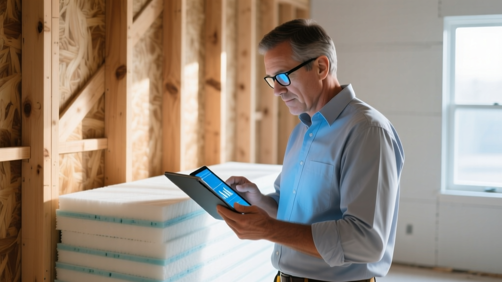 Contractor reviewing digital insulation material cost charts on a tablet near exposed wooden wall studs and stacked rigid foam boards.