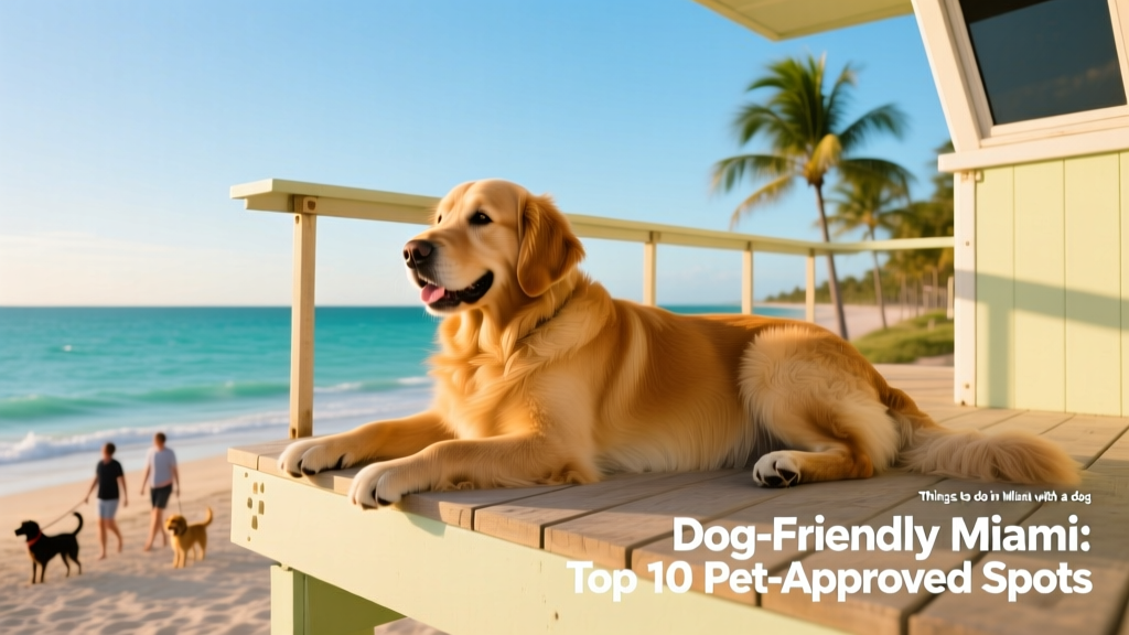 A golden retriever relaxing on a lifeguard tower overlooking a sunny Miami beach