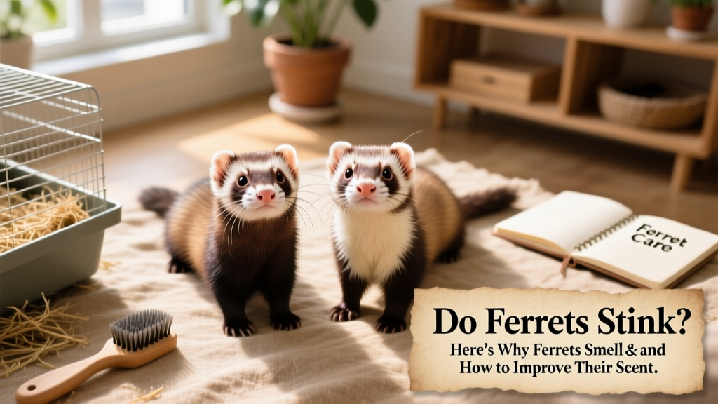 Two ferrets looking directly at the camera, top-down view
