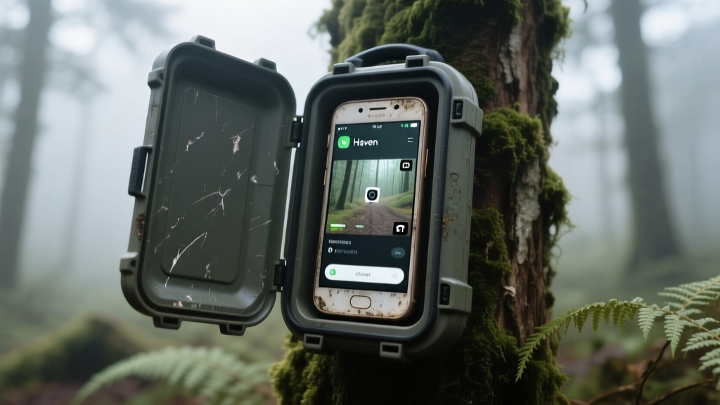 Close-up of a weatherproof dry box hiding an old Android smartphone acting as a DIY trail camera with the Haven app.