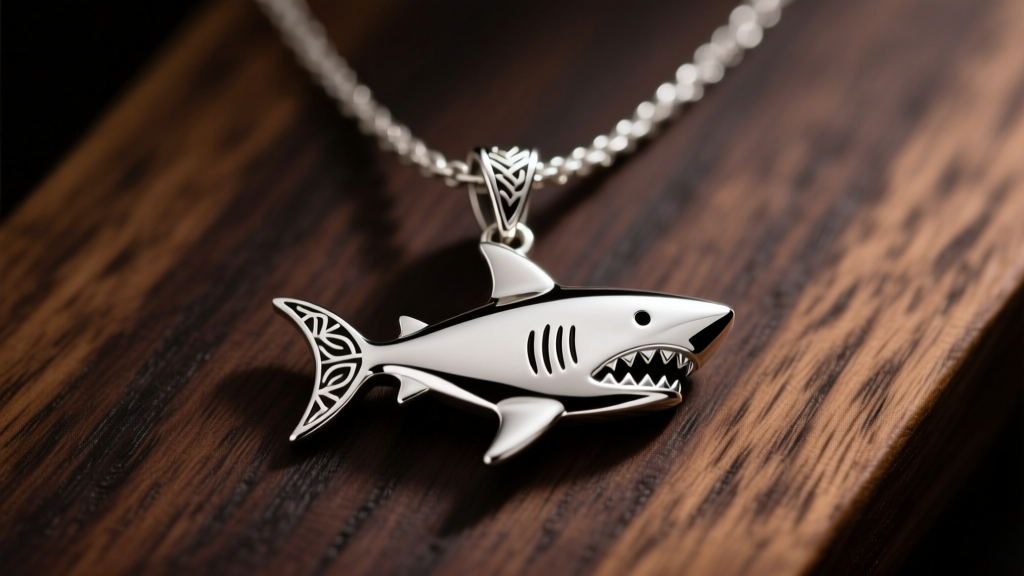 Polished silver pendant shaped like the Terraria sharktooth necklace on dark oak wood, lit by soft directional studio lighting.