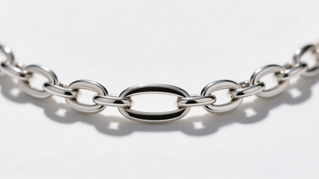 Macro shot of a sterling silver 925 figaro chain necklace showing the alternating pattern of three small and one long oval link