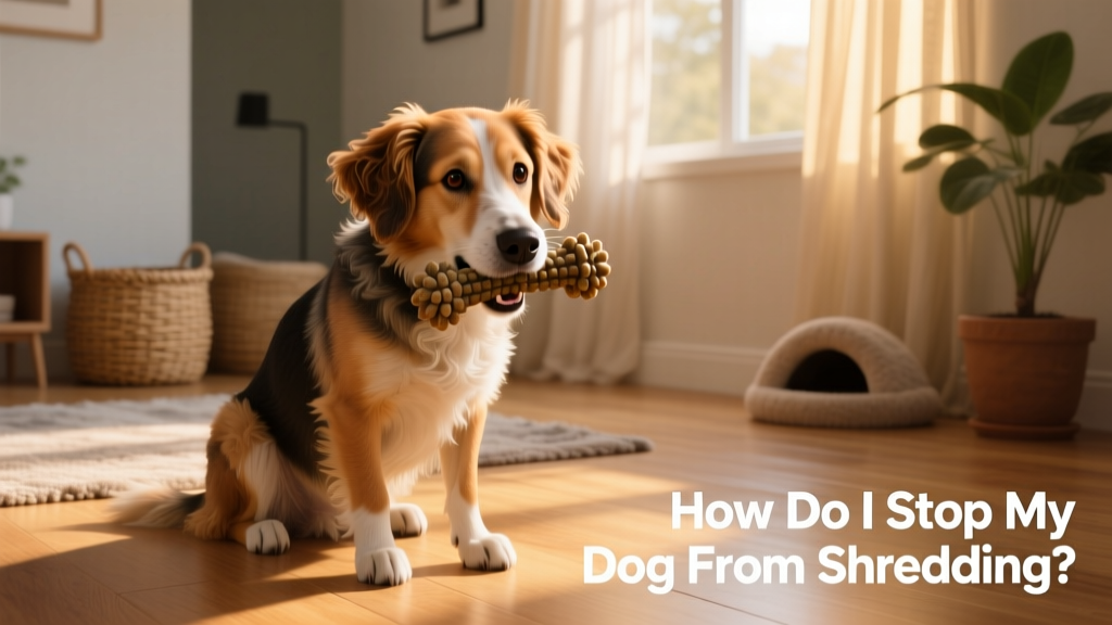 A calm dog chewing on a durable rubber toy indoors