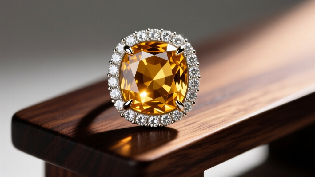 Macro shot of a golden citrine gem surrounded by pave white diamonds, highlighting intricate prong settings on a dark wood bench.