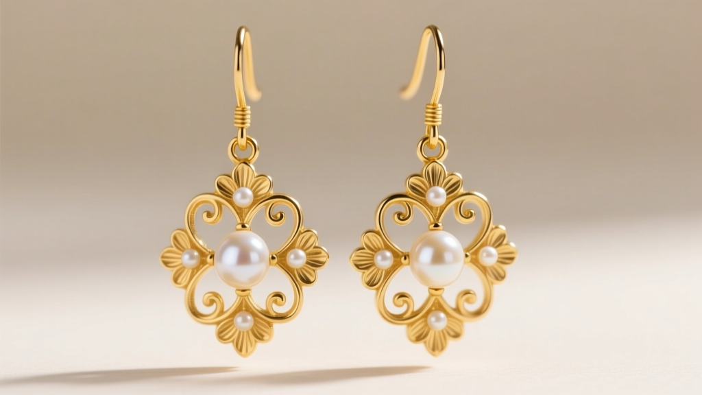 Close-up of ornate 15k yellow gold Victorian drop earrings featuring intricate repoussé floral motifs and natural pearl accents.