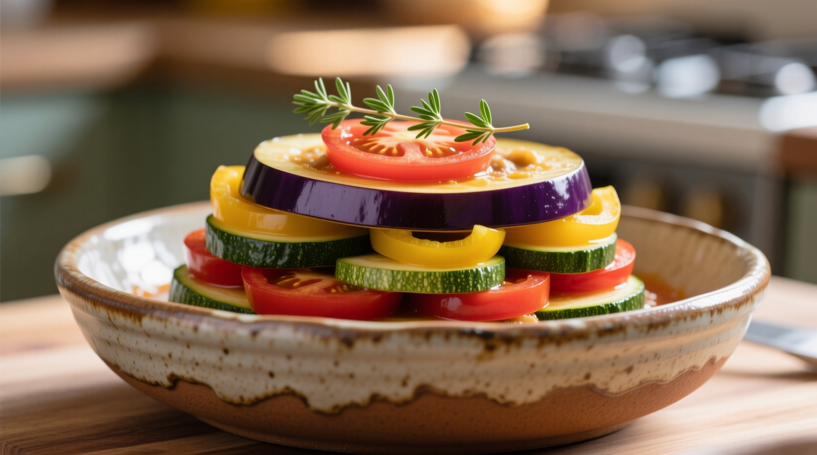 Perfectly layered traditional ratatouille in ceramic dish