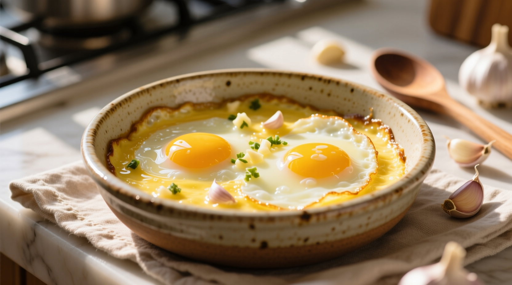 Perfectly cooked garlic butter eggs in ceramic dish