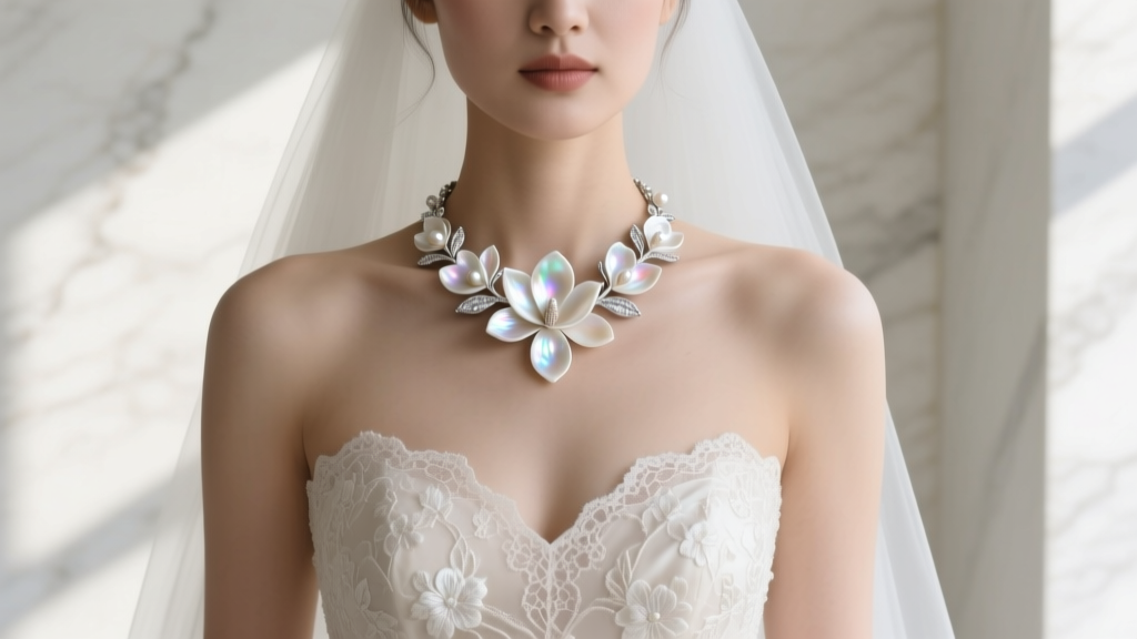 Bride wearing a sterling silver magnolia choker with mother-of-pearl inlay, framed by a sweetheart neckline lace wedding gown
