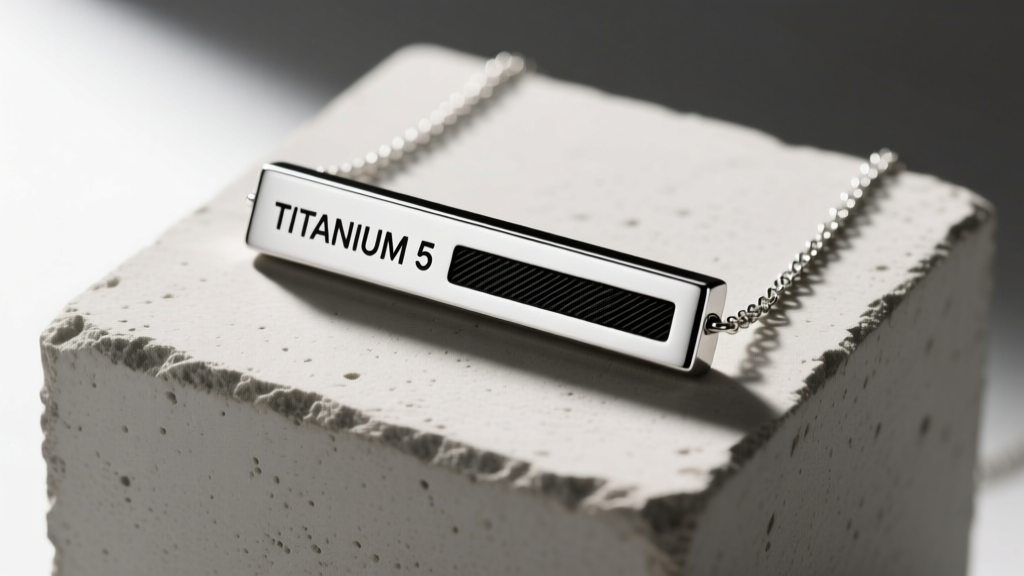 Grade-5 titanium engravable bar necklace with high-contrast black fiber laser marking, displayed on a minimalist concrete block