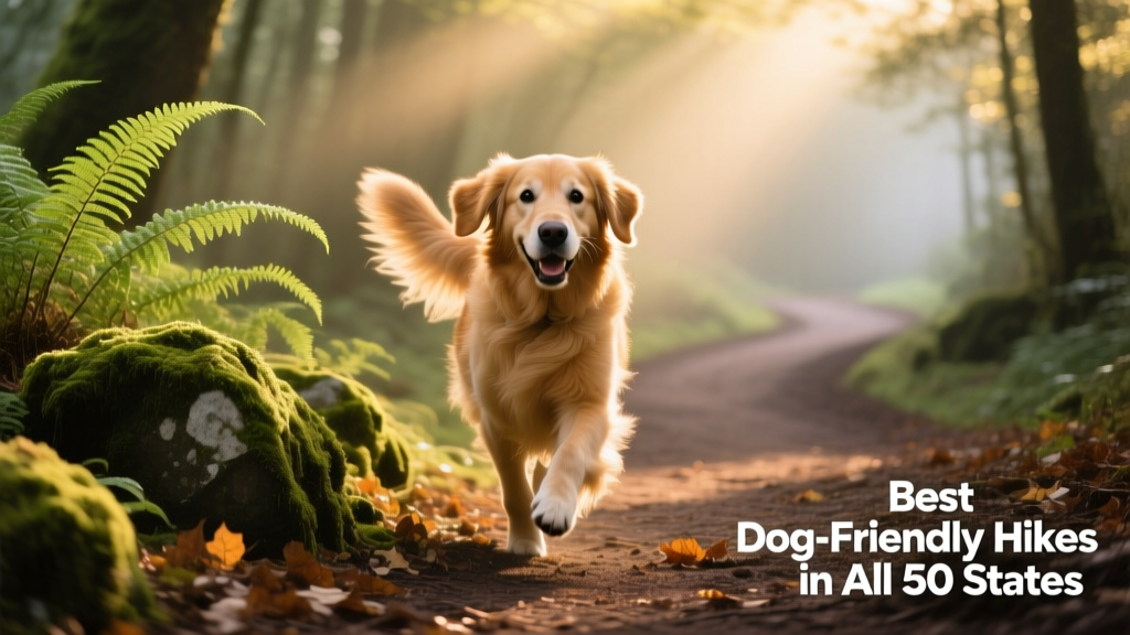 A golden retriever happily trotting along a sun-dappled forest trail with ferns and mossy rocks