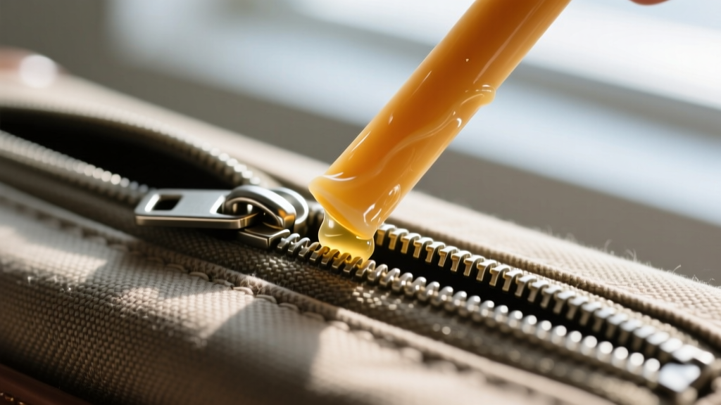 Macro shot of a metal zipper track on a fabric travel case being lubricated with a clear beeswax stick to prevent lining snags.