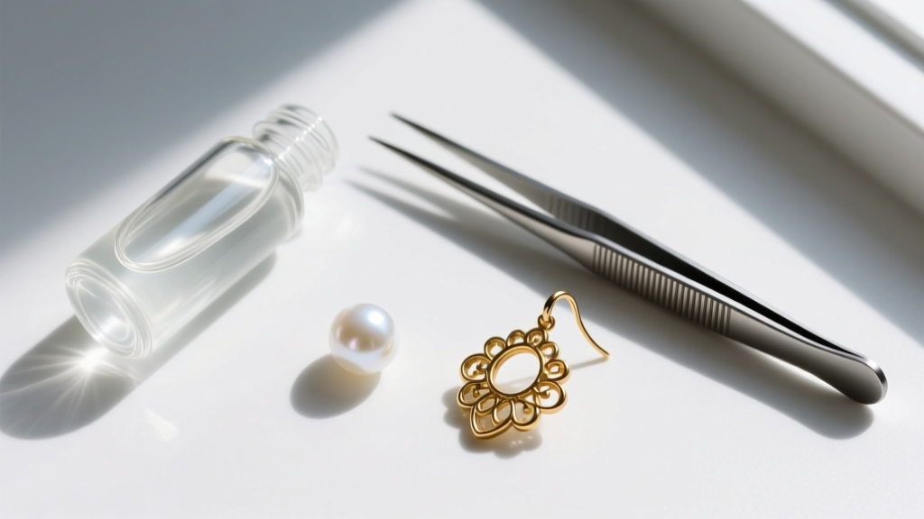 Overhead view of a jewelry repair kit with clear epoxy, tweezers, and a loose 4mm white pearl beside a gold cluster earring.