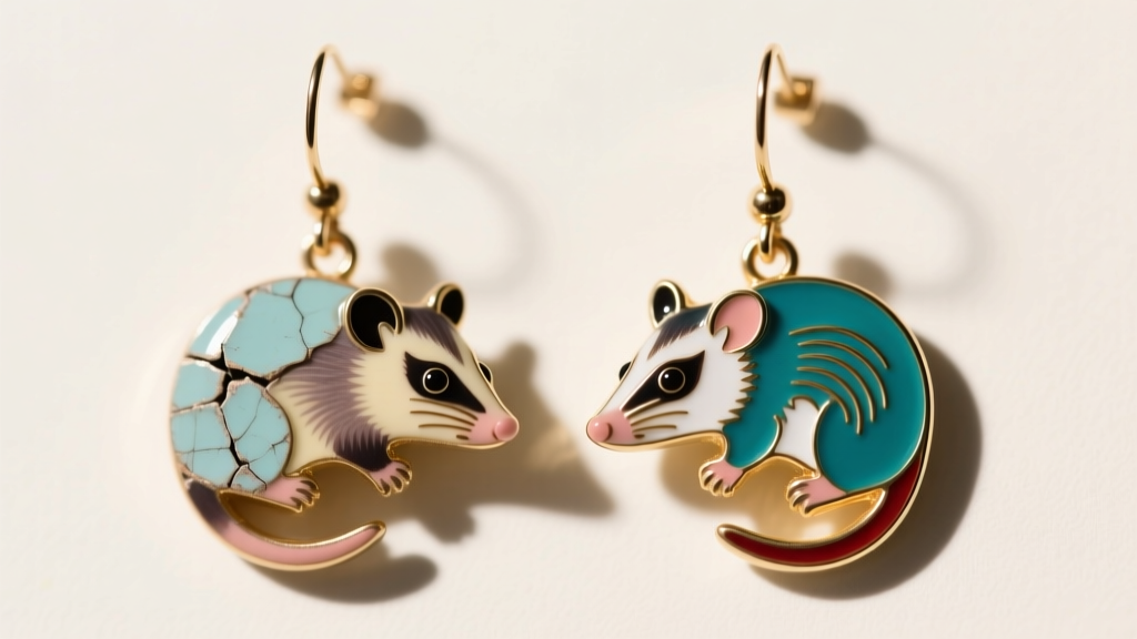 Chipped cold enamel possum dangle earring next to pristine hard enamel possum earring under bright studio lighting