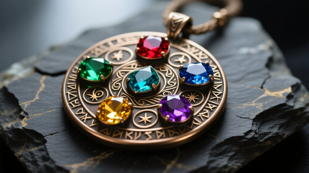 Macro shot of a fantasy bronze amulet with five colored gemstones representing elemental magic, resting on dark textured slate