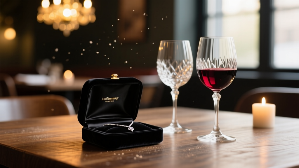 Black velvet pouch on a dimly lit restaurant table beside wine glasses, prepared for a surprise anniversary necklace gift reveal.
