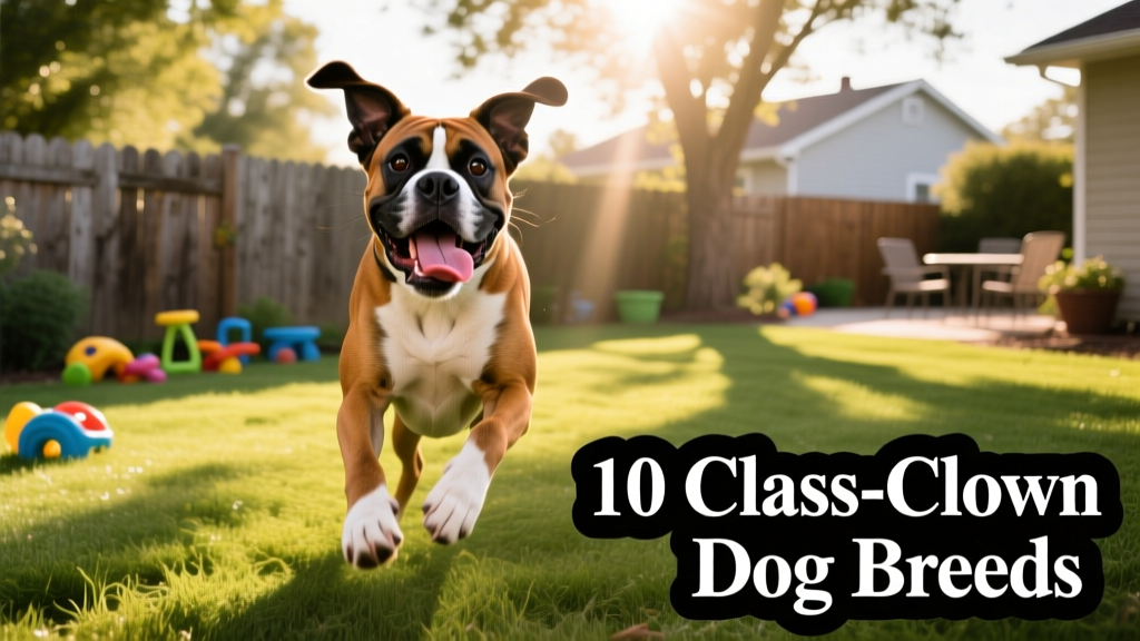 A playful Boxer mid-zoomie, tongue lolling and ears flying, in a sunlit backyard