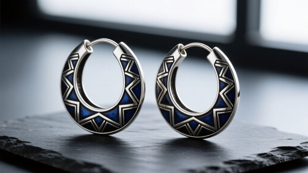 Close-up of heavy 16-gauge sterling silver Tuareg tribal hoop earrings with geometric oxidized engravings resting on dark slate