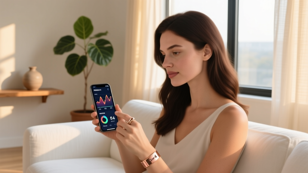 Woman wearing a rose gold Oura Ring 4 on her index finger while reviewing detailed sleep tracking data on a smartphone screen