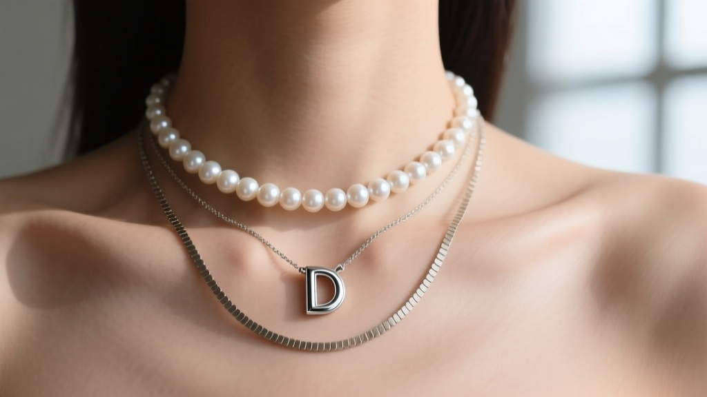 Close-up of a collarbone showing a layered silver D pendant necklace with a 16-inch pearl choker and an 18-inch delicate coin chain