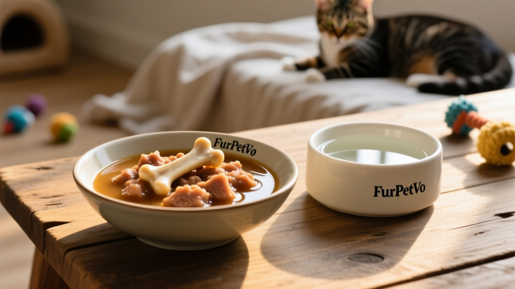 A bowl of FurPetVo wet food with visible moisture and bone broth sheen, placed beside a clean water bowl