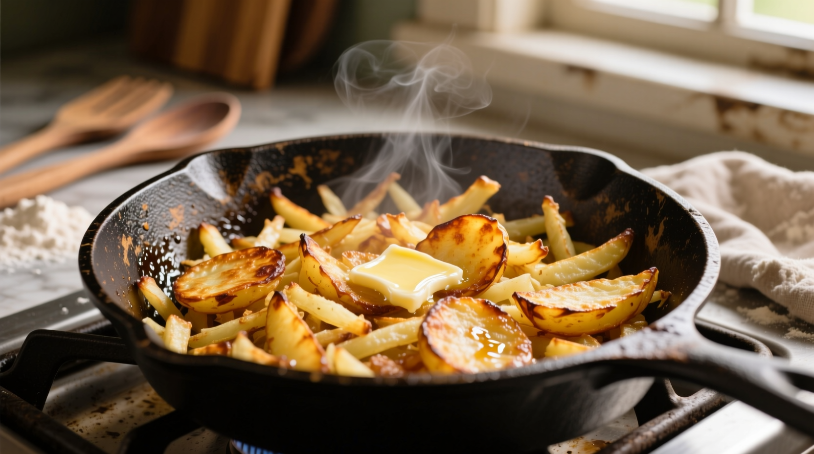 Crispy golden brown hash browns in cast iron skillet