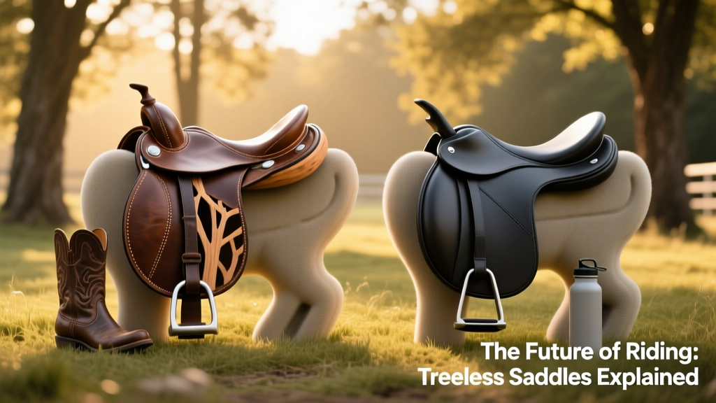Side-by-side comparison showing a traditional saddle with visible wooden tree structure versus a soft, flexible treeless saddle