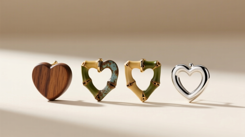 Flat lay of three bamboo heart earrings: a tarnished alloy pair, a sealed wooden pair, and a polished 925 sterling silver pair.