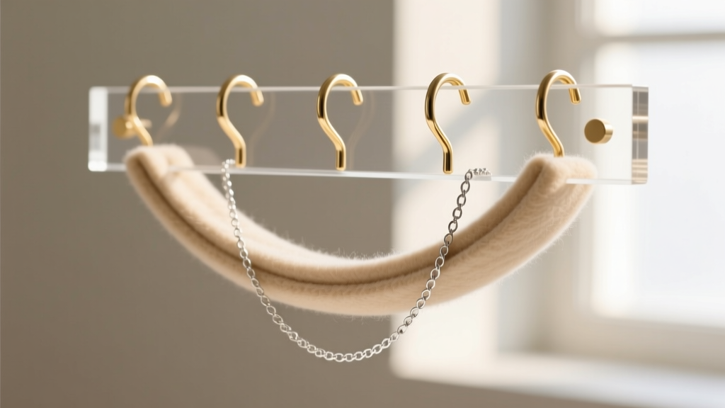 Brass hooks on an acrylic DIY necklace hanger showing protective felt lining that prevents scratches on a delicate silver chain