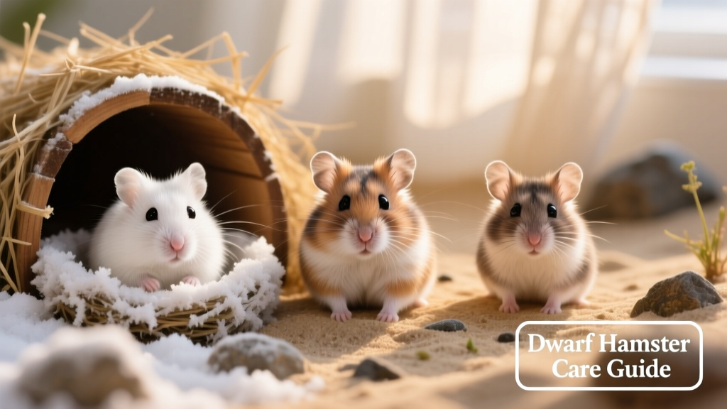 Three dwarf hamster breeds side by side: Winter white, Campbell's, and Roborovski, each in a clean, naturalistic enclosure