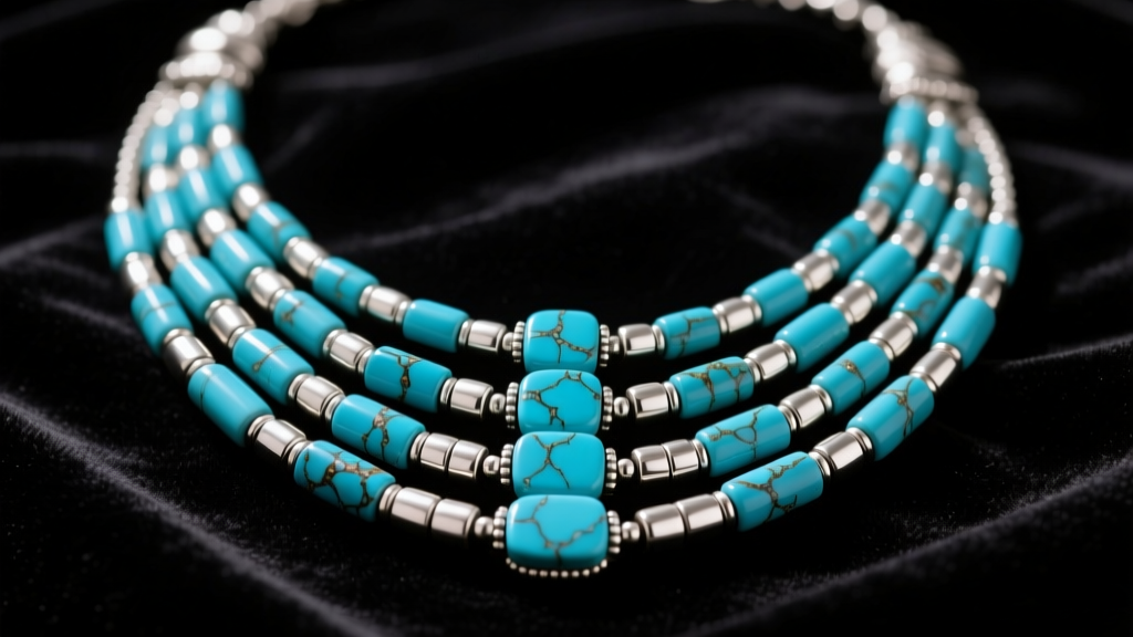 Close-up of a multi-strand western beaded necklace with natural Kingman turquoise and sterling silver heishi beads on dark velvet.