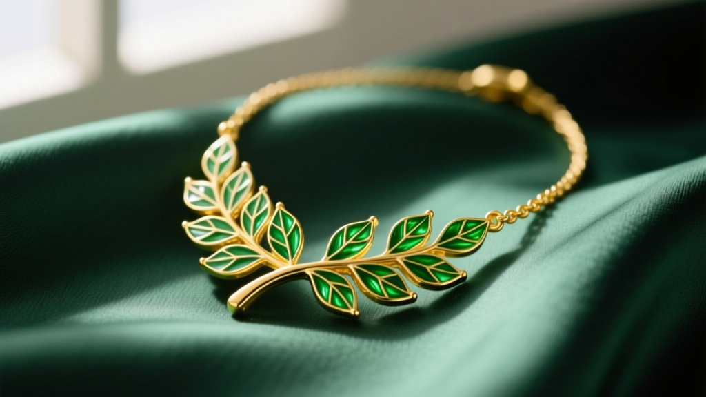 Close-up of a delicate 14k yellow gold green leaf necklace featuring vibrant vitreous enamel detailing resting on a silk fabric.