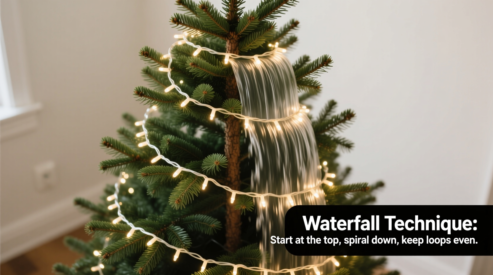 how to wrap a christmas tree evenly with lights using the waterfall technique