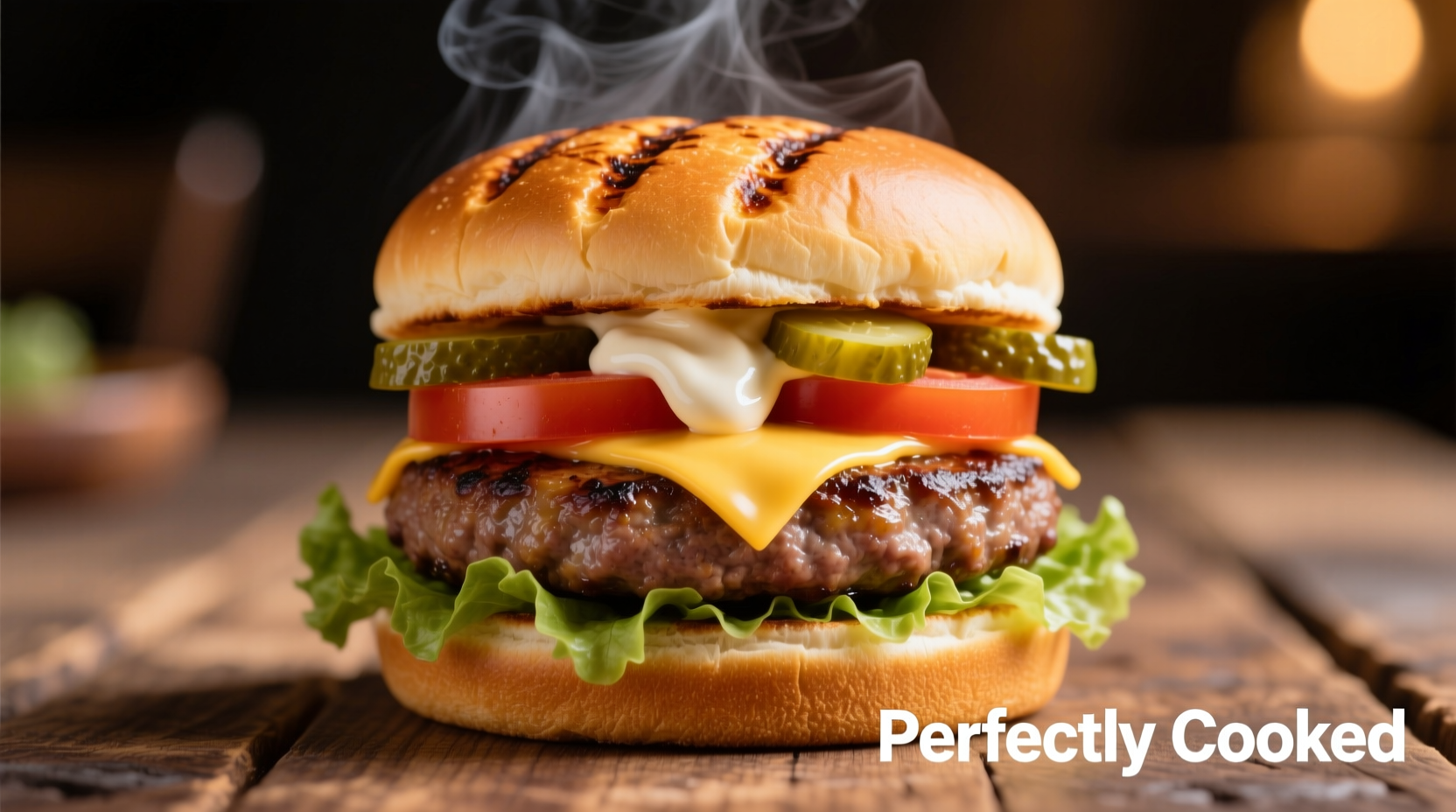 Perfectly cooked hamburger patty on bun with toppings