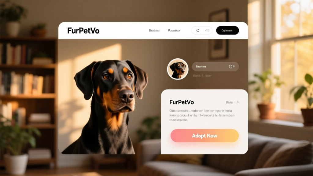 Screenshot-style image showing a well-designed FurPetVo pet profile page with photos, bio section, and 'Adopt Now' button