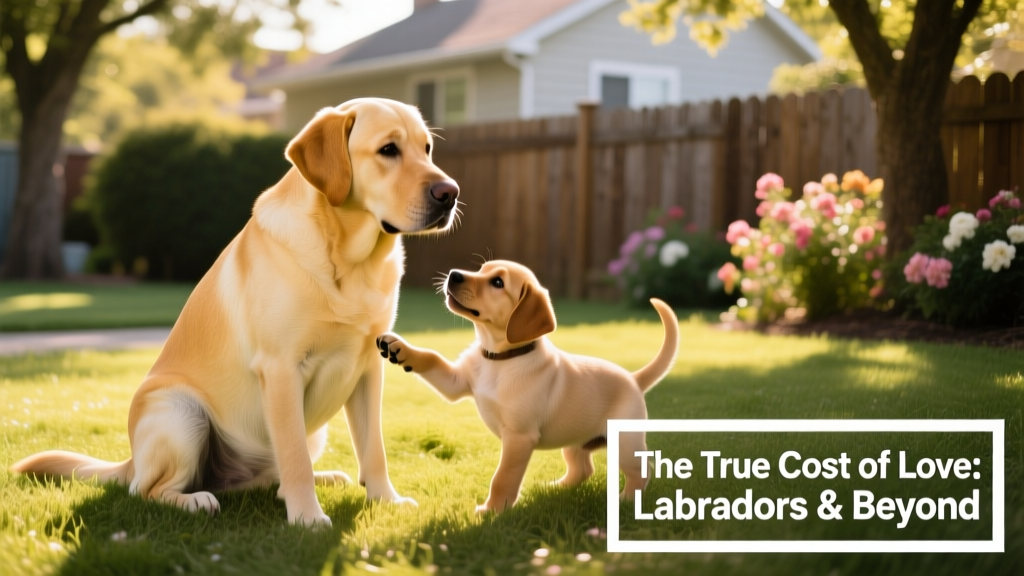An adult yellow Labrador Retriever sitting beside a playful puppy on sunlit grass