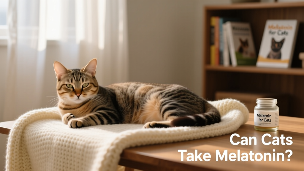 A calm, relaxed cat resting peacefully on a soft blanket in dim lighting