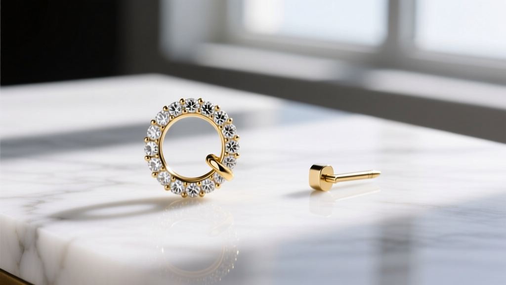 Flat lay of luxury piercing jewelry featuring a 14k gold daith clicker with diamonds and a threadless tragus stud on white marble