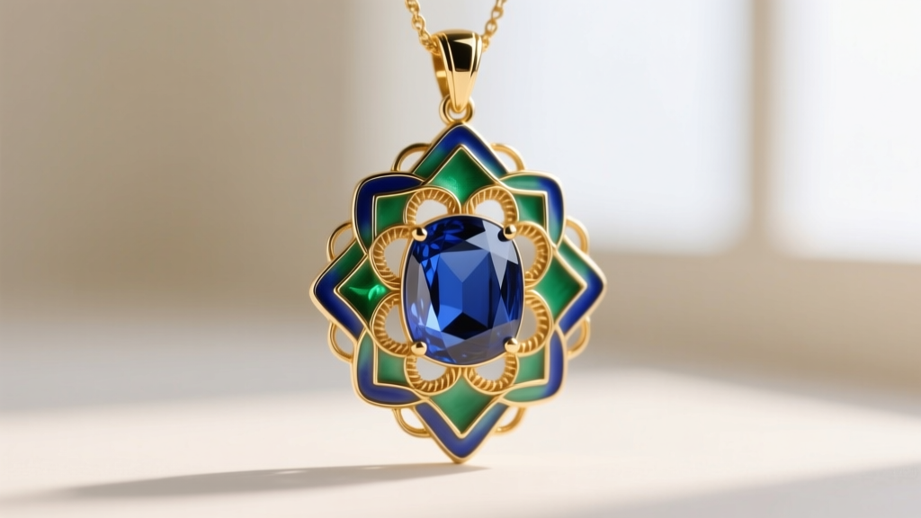 Macro shot of a vitreous enamel and sapphire pendant showing intricate cloisonne wirework with vivid blue and green hues.