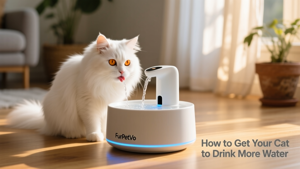 A cat calmly drinking from a modern, quiet-running FurPetVo water fountain on a sunlit floor