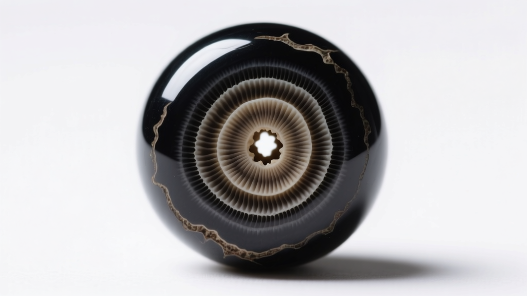 Cross-section of a single black coral bead revealing distinct concentric tree-ring growth patterns and a tiny central pith hole.