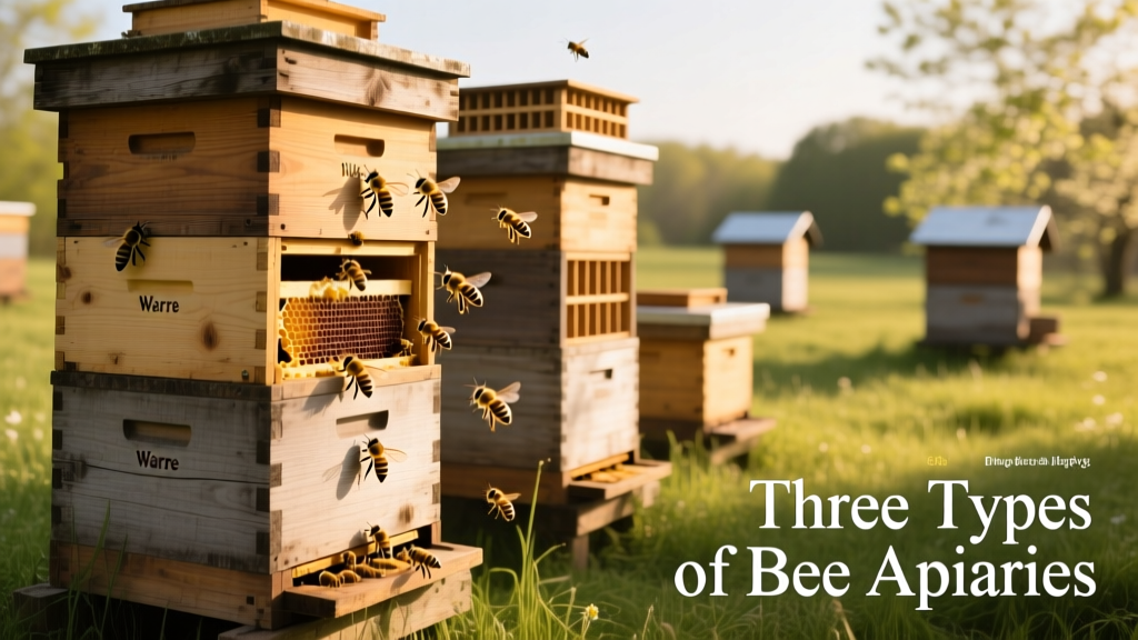 Stacked Warre hive boxes with bees moving vertically between levels during warm weather